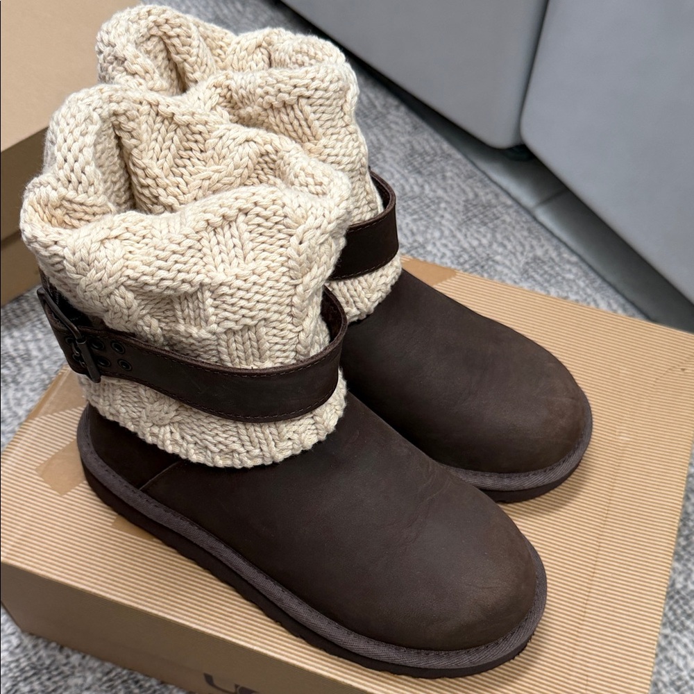 UGG Chocolate Brown Boots with Cream Knit Cuff